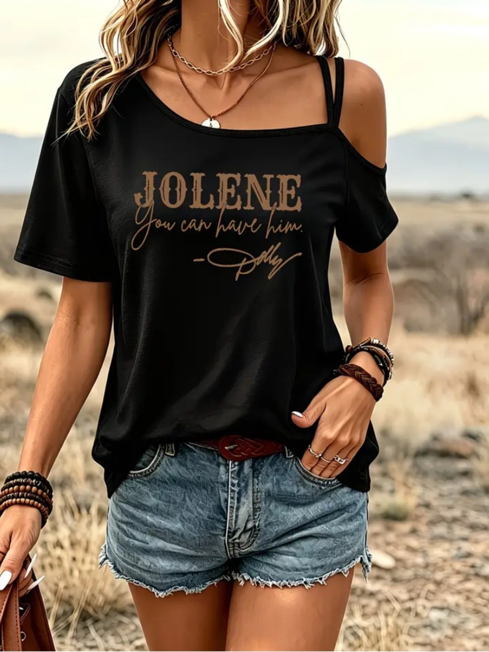 Jolene Off-Shoulder Graphic Tee - Black